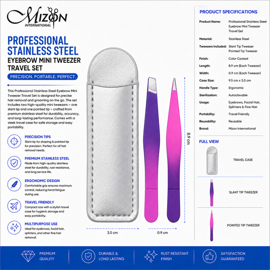Professional Stainless Steel Eyebrow Mini Tweezer Travel Set – Slant & Pointed Precision Tweezers with Travel Case | Pink & Purple