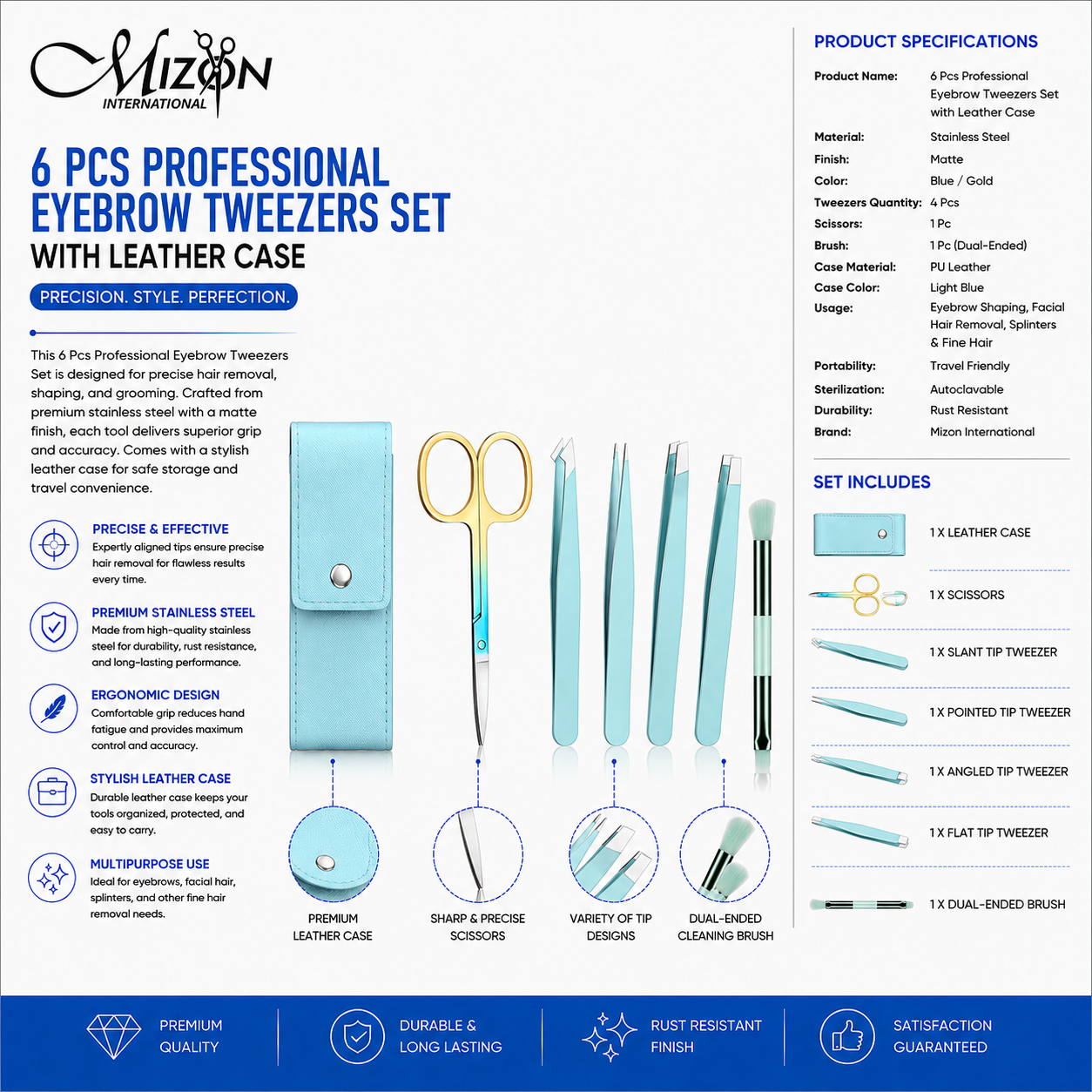 6 PCS Professional Eyebrow Tweezers Set with Leather Case – Stainless Steel Precision Grooming Kit with Scissors & Cleaning Brush