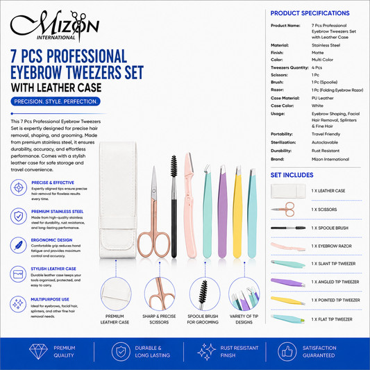 7 PCS Professional Eyebrow Tweezers Set with Leather Case – Stainless Steel Grooming Kit with Scissors, Spoolie Brush & Eyebrow Razor