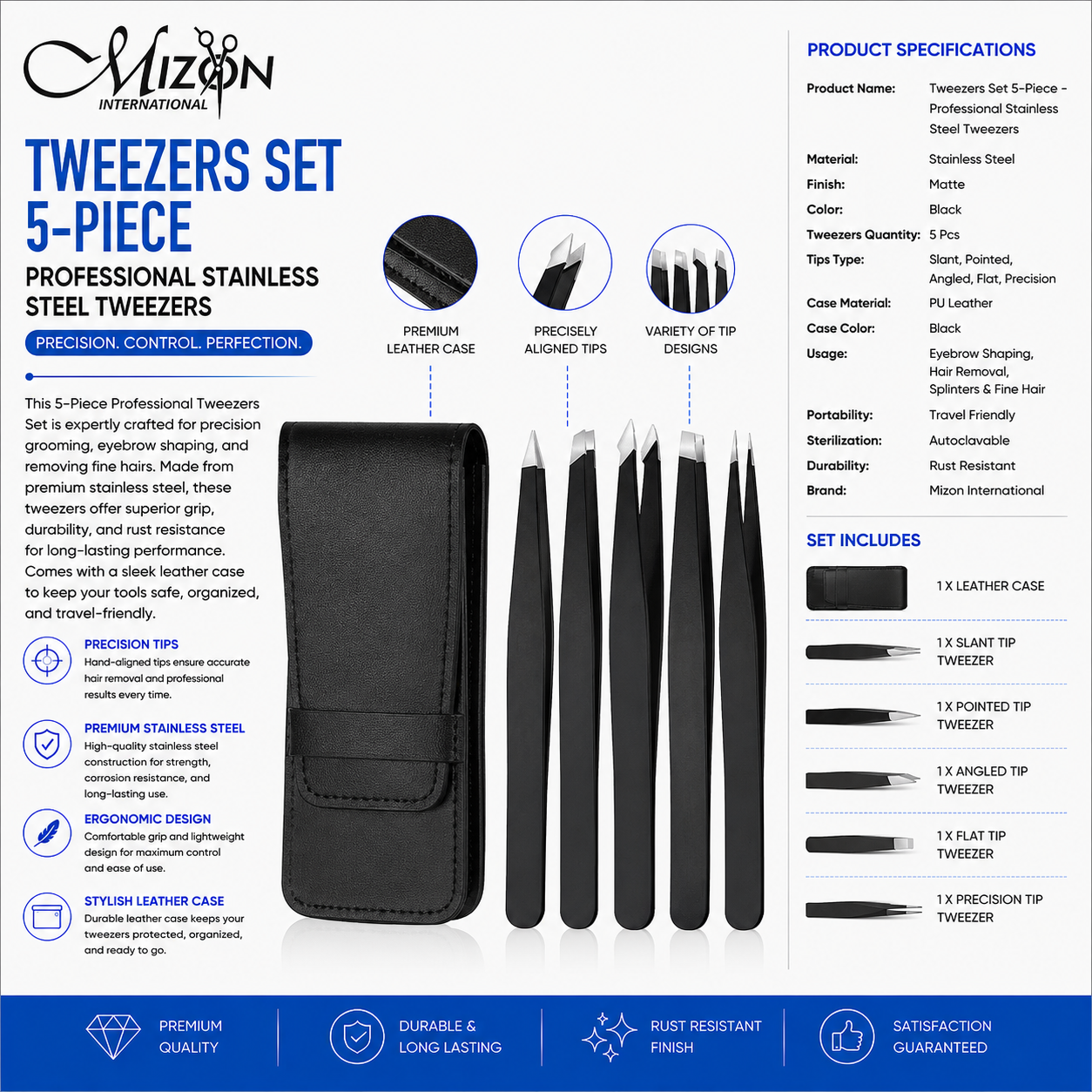 5-Piece Professional Stainless Steel Tweezers Set – Precision Eyebrow Tweezers Kit with PU Leather Case | Slant, Pointed, Angled, Flat & Precision Tips
