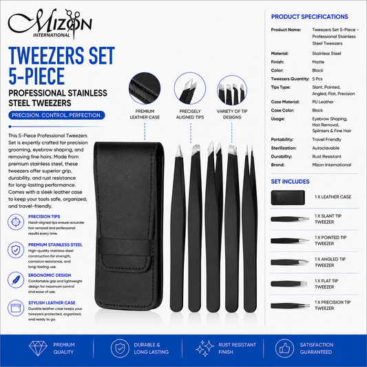 5-Piece Professional Stainless Steel Tweezers Set – Precision Eyebrow Tweezers Kit with PU Leather Case | Slant, Pointed, Angled, Flat & Precision Tips