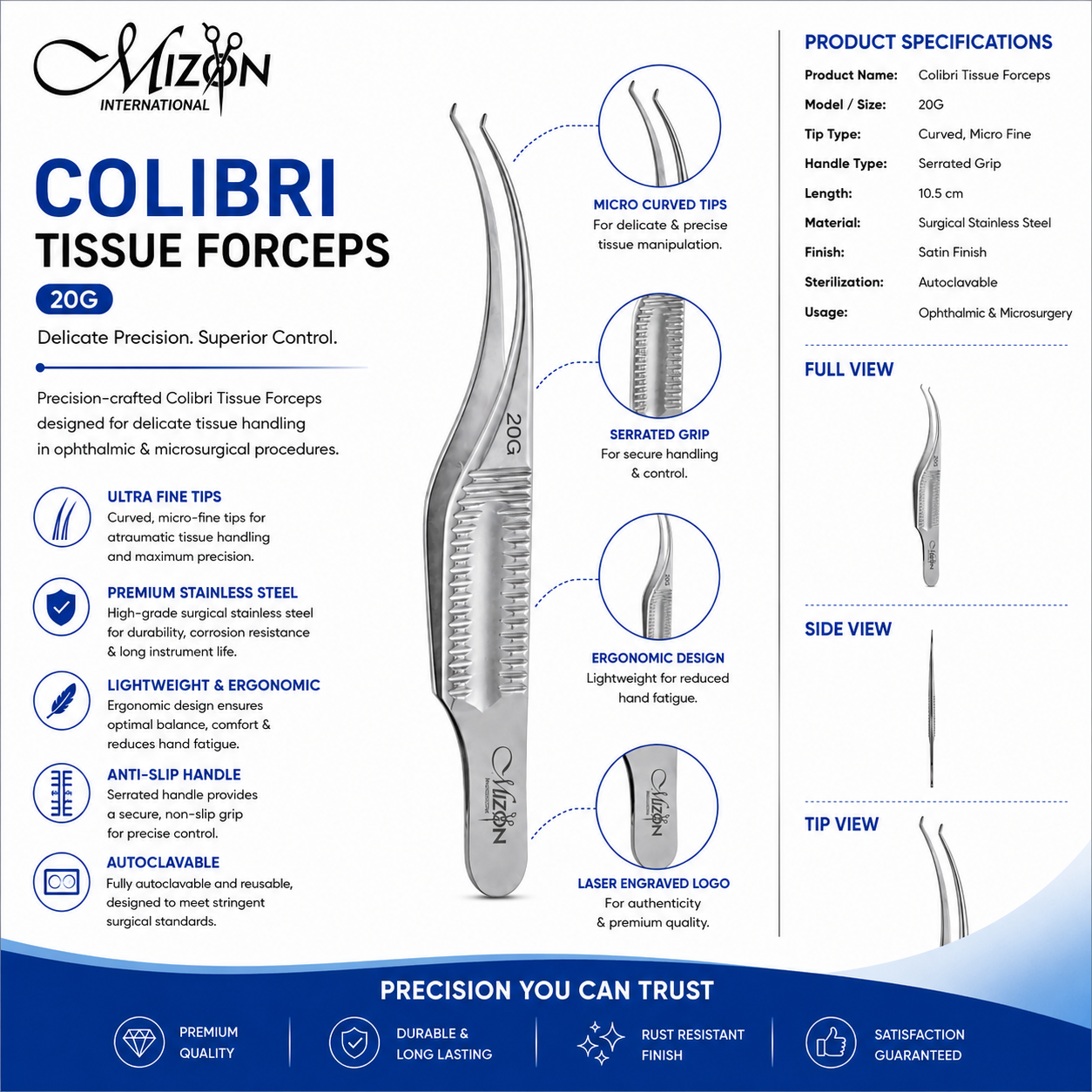 Colibri Tissue Forceps 20G – 10.5 cm Curved Micro Fine Ophthalmic Tissue Forceps | Stainless Steel