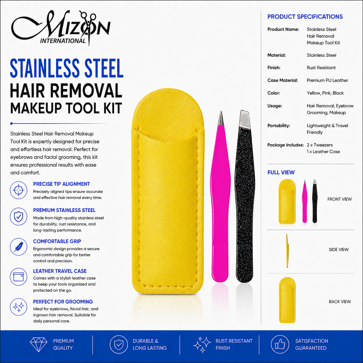 Stainless Steel Hair Removal Makeup Tool Kit – Precision Eyebrow Tweezers Set with Premium PU Leather Travel Case