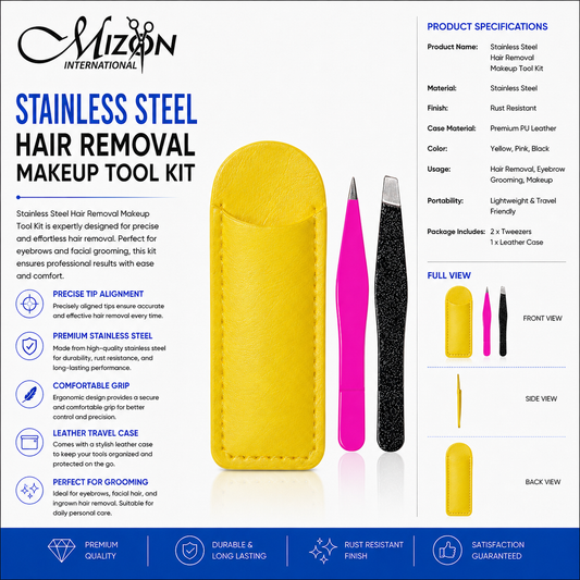 Stainless Steel Hair Removal Makeup Tool Kit – Precision Eyebrow Tweezers Set with Premium PU Leather Travel Case