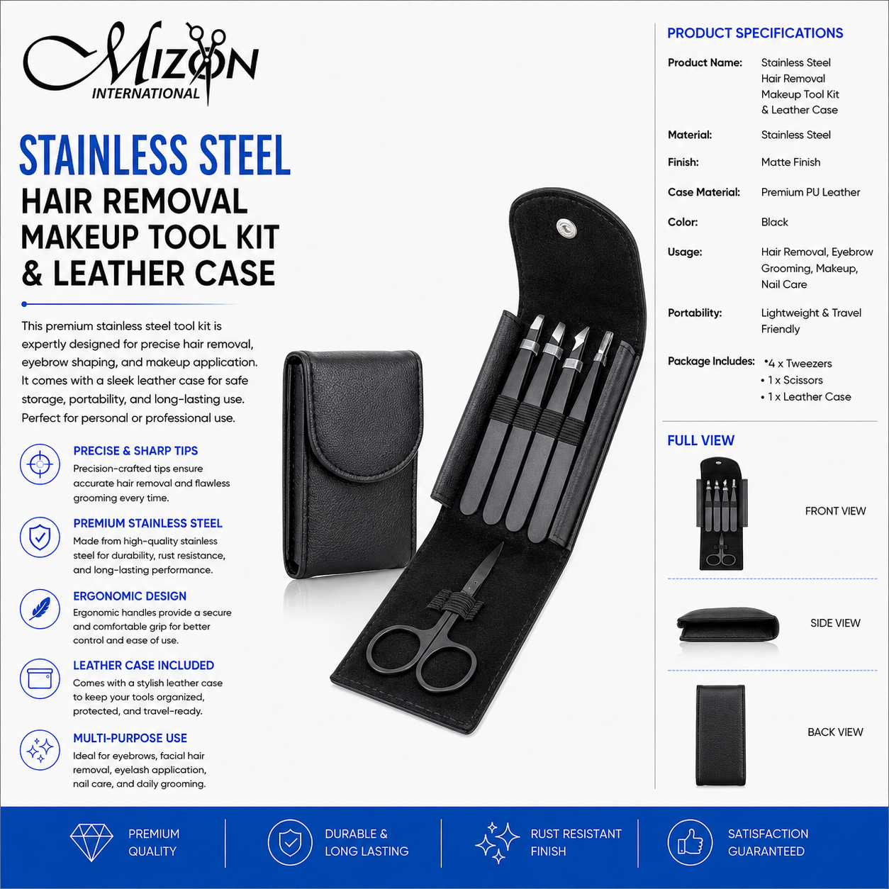 Professional Stainless Steel Hair Removal Makeup Tool Kit with Leather Case – 6-Piece Precision Eyebrow Grooming Set