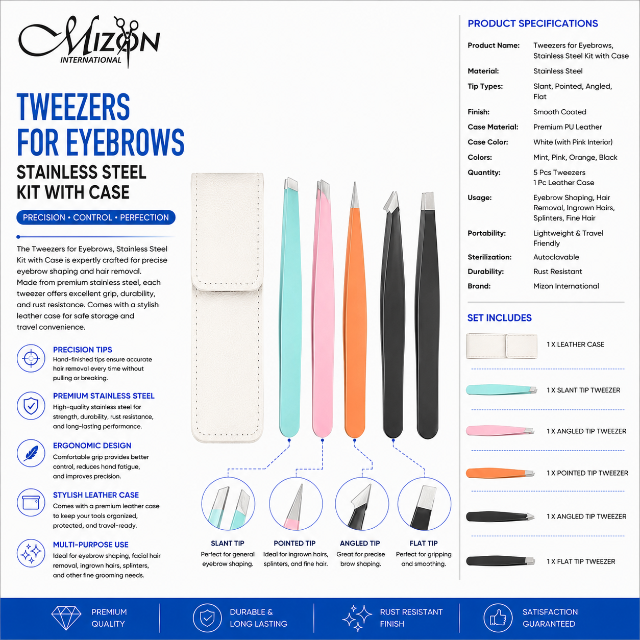Tweezers for Eyebrows – 5-Piece Stainless Steel Precision Tweezer Kit with PU Leather Case | Professional Eyebrow Grooming Set