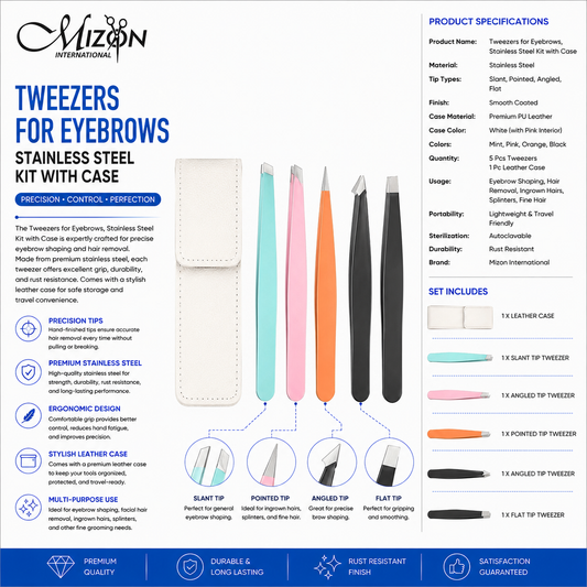 Tweezers for Eyebrows – 5-Piece Stainless Steel Precision Tweezer Kit with PU Leather Case | Professional Eyebrow Grooming Set