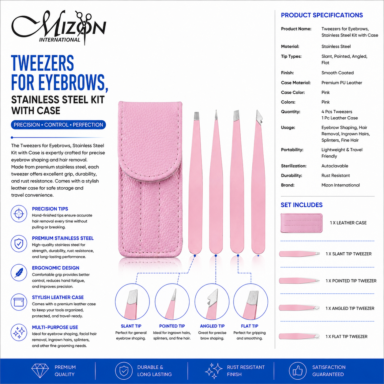 Professional Tweezers for Eyebrows Stainless Steel Kit with Pink Leather Case | 4-Piece Precision Eyebrow Tweezer Set