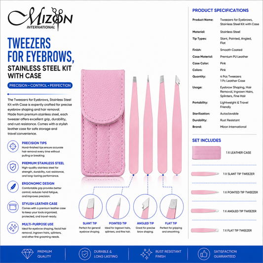 Professional Tweezers for Eyebrows Stainless Steel Kit with Pink Leather Case | 4-Piece Precision Eyebrow Tweezer Set