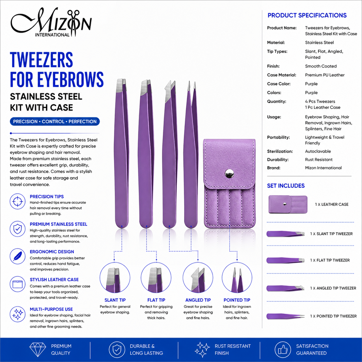 Professional Tweezers for Eyebrows Stainless Steel Kit with Purple Leather Case | 4-Piece Precision Eyebrow Tweezer Set