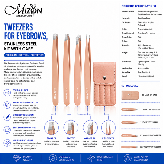 Professional Tweezers for Eyebrows Stainless Steel Kit with Rose Gold Leather Case | 4-Piece Precision Eyebrow Tweezer Set