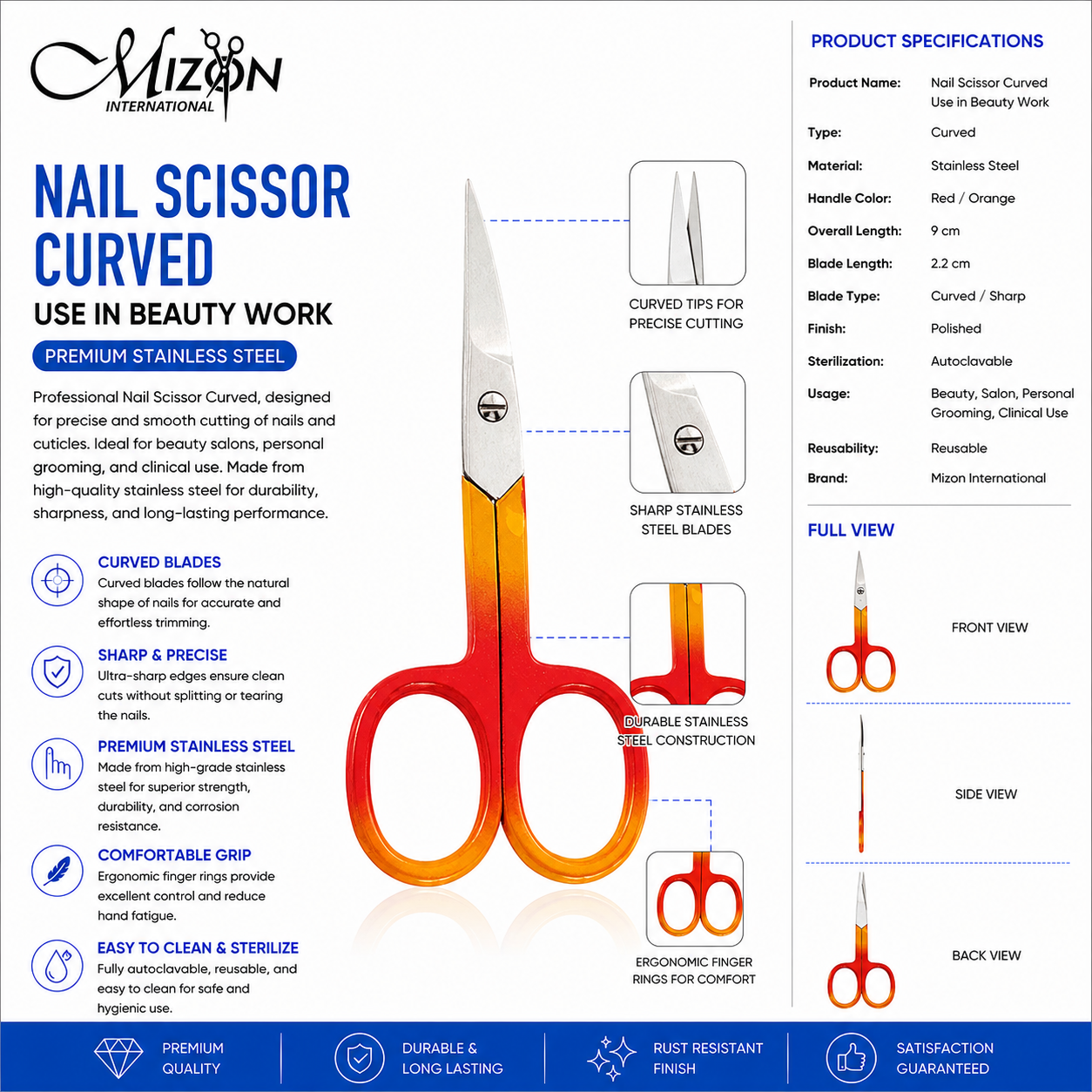 Professional Curved Nail Scissors – Stainless Steel Precision Cuticle & Nail Scissors (Red/Orange Handle)