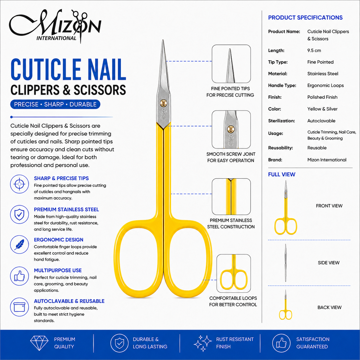 Professional Cuticle Nail Scissors – Fine Point Stainless Steel Manicure & Grooming Scissors (Yellow Handle)