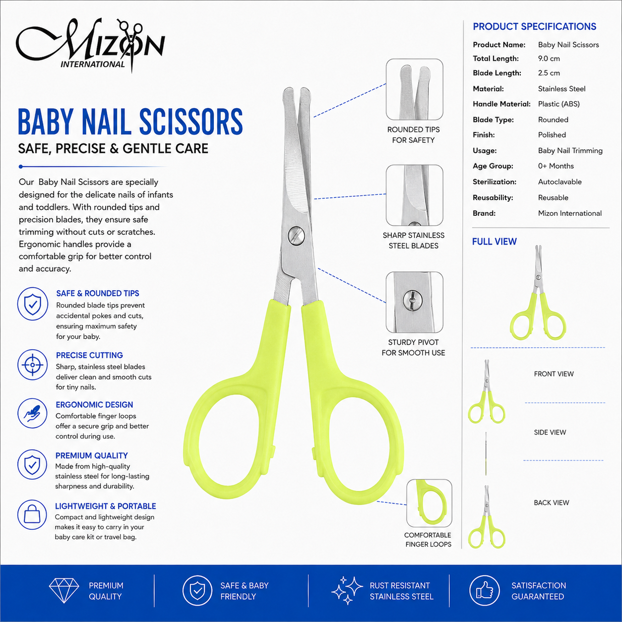 Professional Baby Nail Scissors – Rounded Tip Stainless Steel Safety Scissors for Infants & Toddlers with ABS Handle