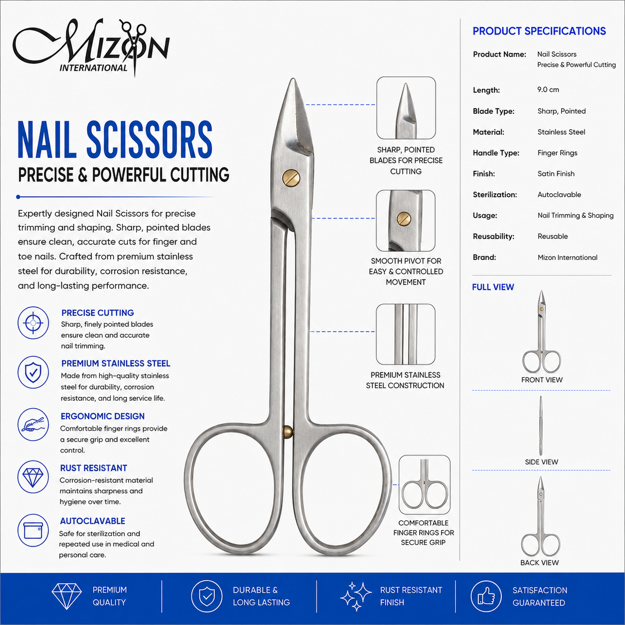 Professional Precision Nail Scissors – Sharp Point Stainless Steel Manicure & Pedicure Scissors