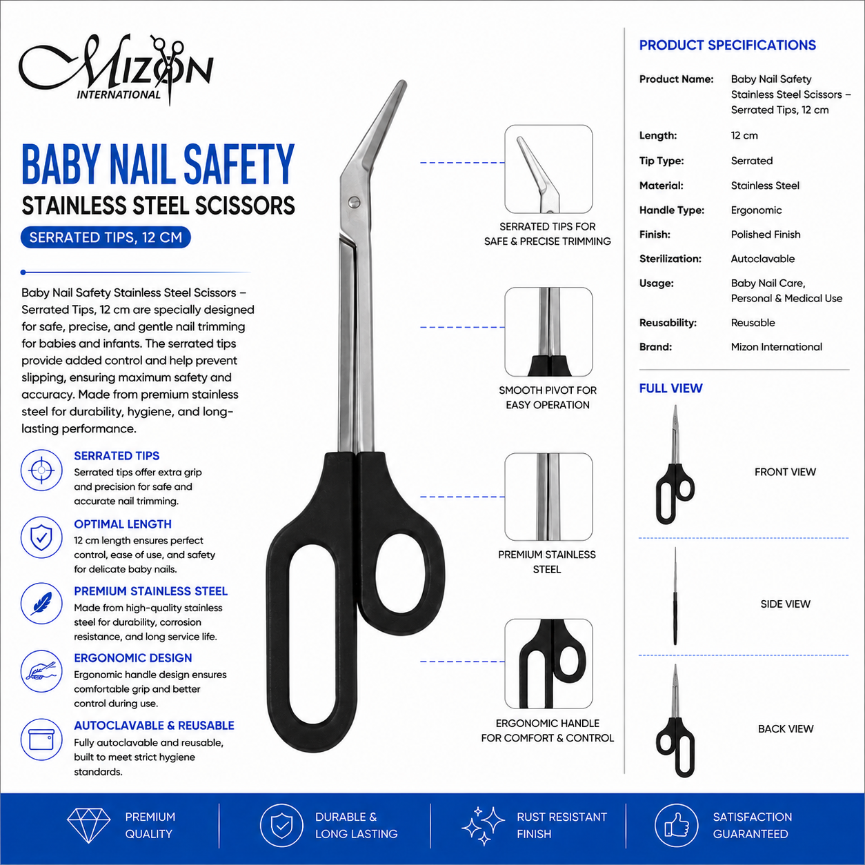 Professional Baby Nail Safety Scissors 12 cm – Stainless Steel Serrated Tip Baby Nail Trimming Scissors with Ergonomic Handle