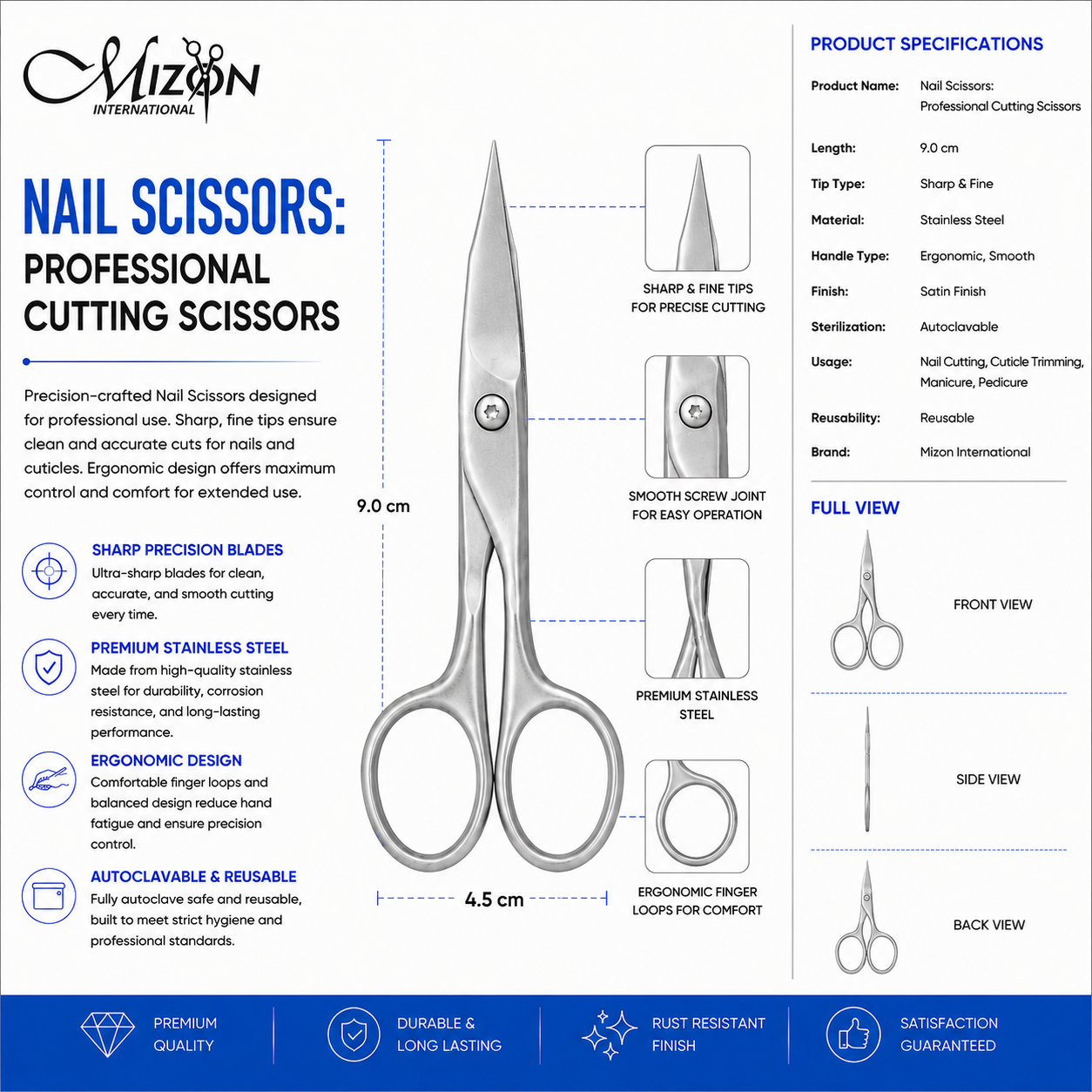 Professional Stainless Steel Nail Scissors 9 cm – Precision Cuticle & Nail Trimming Scissors for Manicure and Pedicure