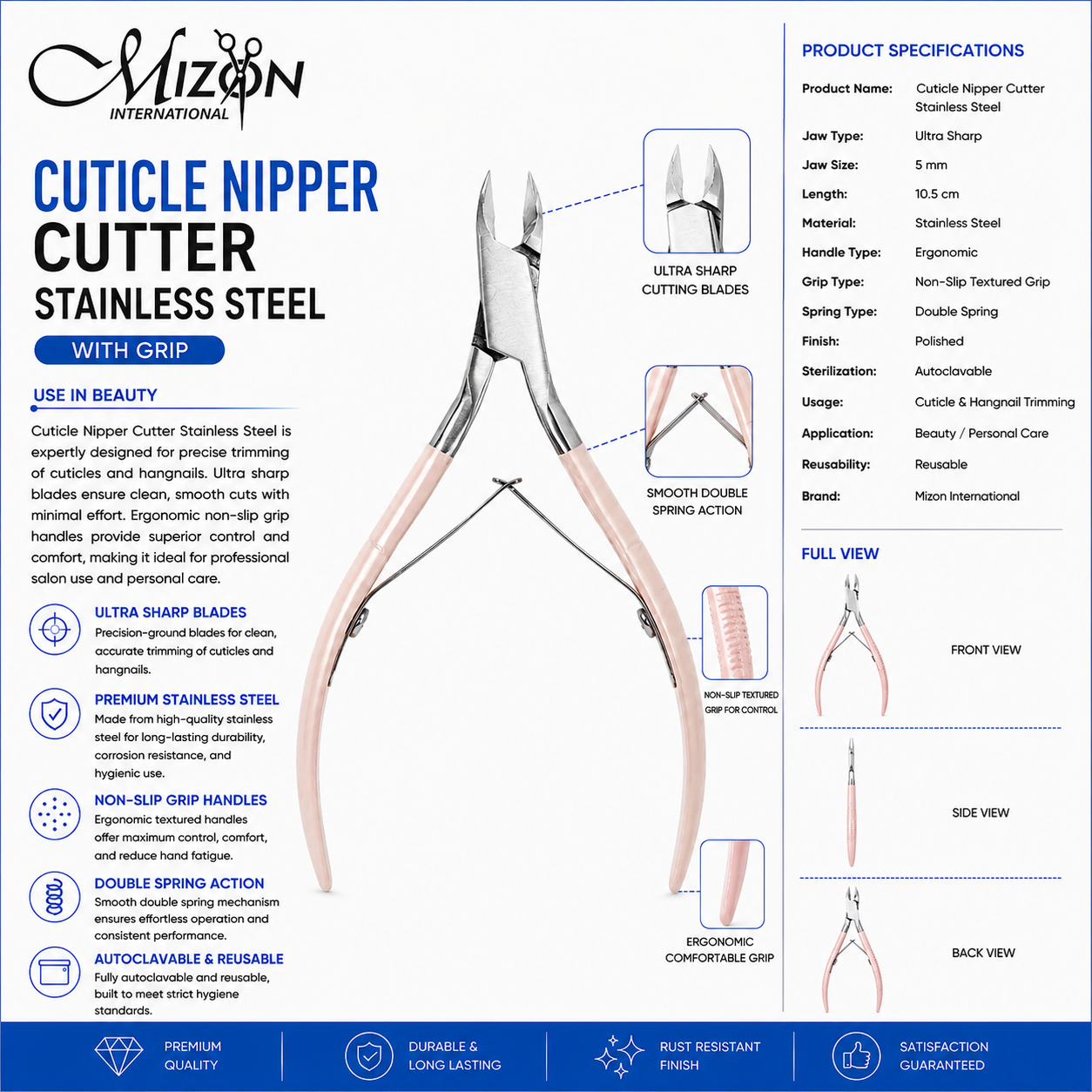 Professional Stainless Steel Cuticle Nipper Cutter with Non-Slip Grip – 5mm Ultra Sharp Nail Trimmer | Double Spring