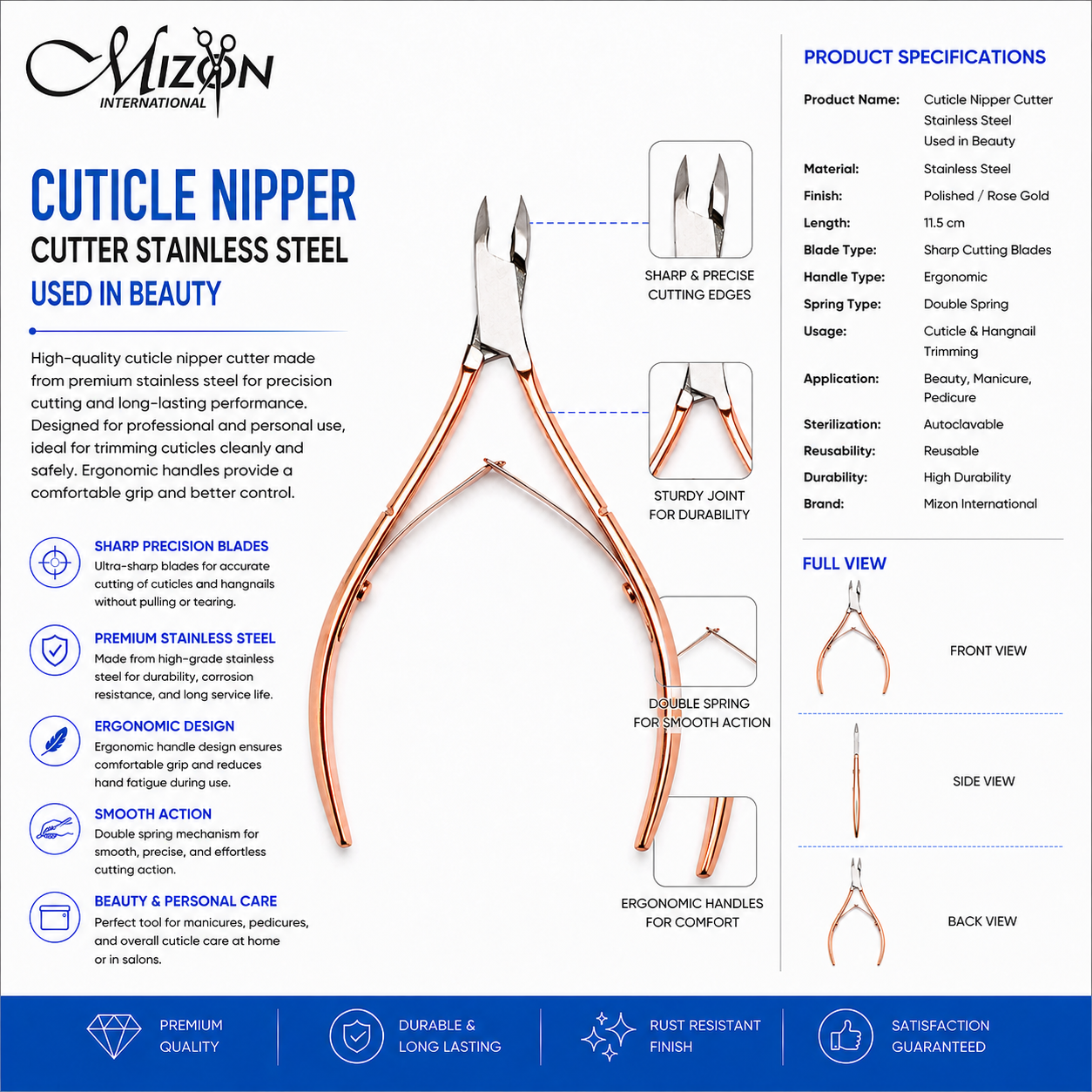 Professional Rose Gold Stainless Steel Cuticle Nipper Cutter – Ultra Sharp Precision Nail Trimmer | Double Spring | Autoclavable