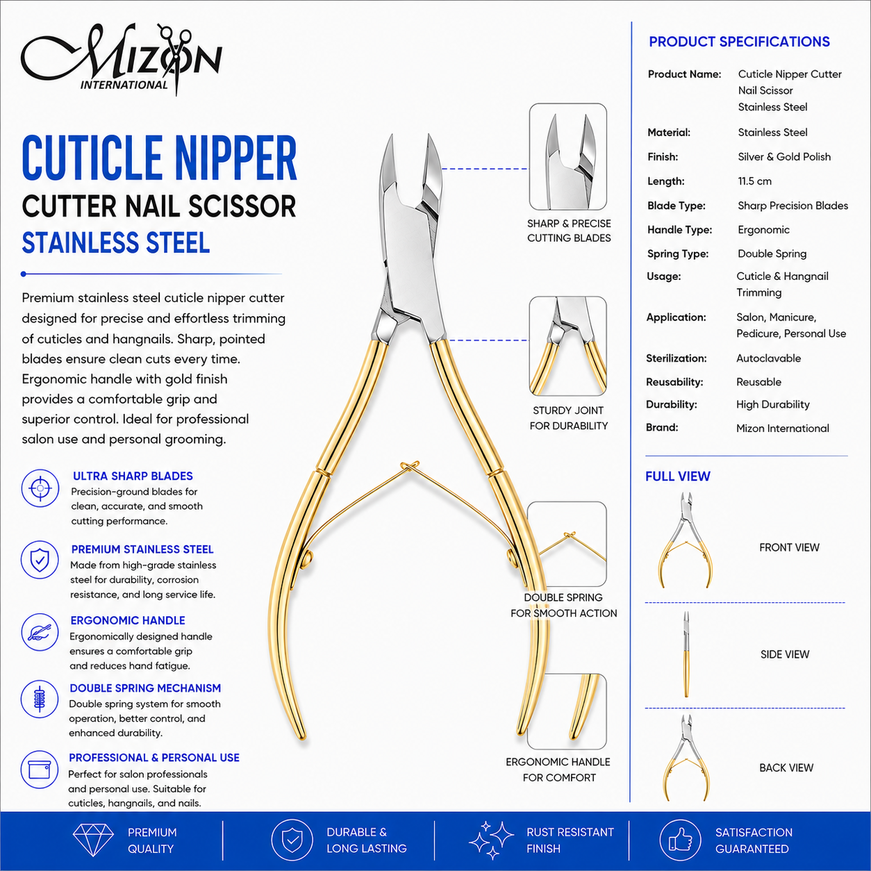 Professional Gold Handle Stainless Steel Cuticle Nipper Cutter – Ultra Sharp Precision Nail Trimmer | Double Spring | Autoclavable