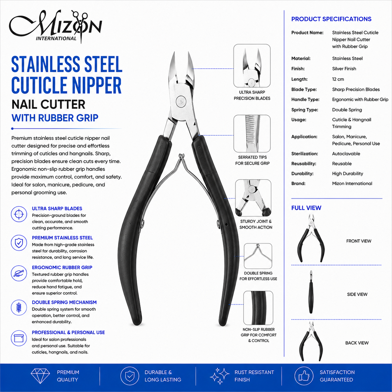 Professional Stainless Steel Cuticle Nipper Nail Cutter with Non-Slip Rubber Grip – Ultra Sharp Precision Blades | Double Spring | 12 cm