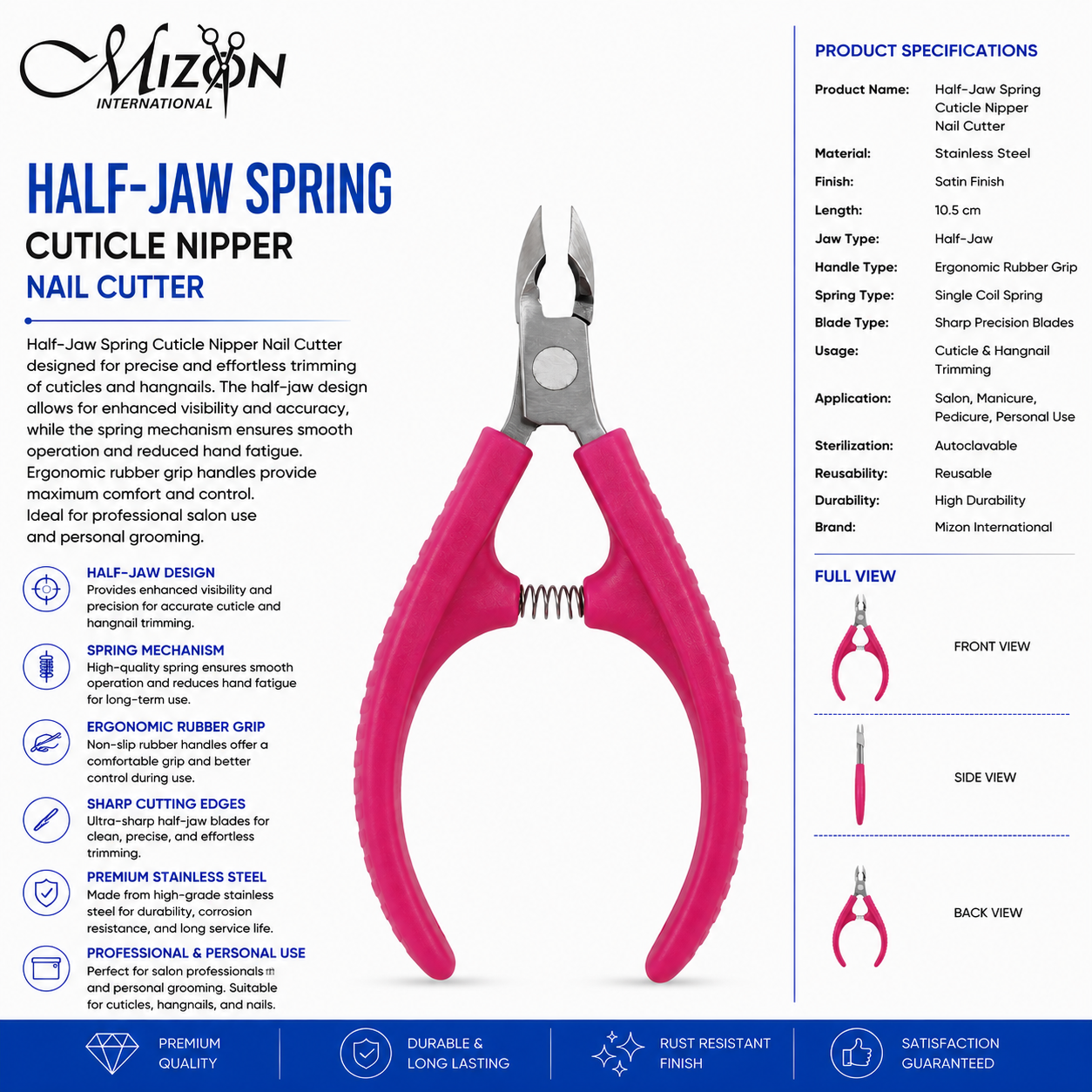 Professional Half-Jaw Spring Stainless Steel Cuticle Nipper Nail Cutter – Sharp Precision Blades | Ergonomic Rubber Grip | Autoclavable