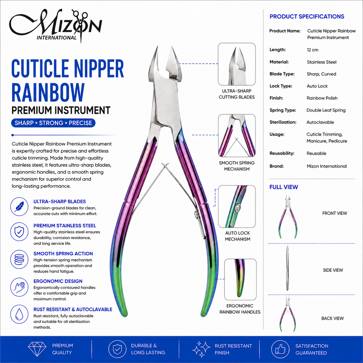 Professional Rainbow Stainless Steel Cuticle Nipper 12cm – Ultra Sharp Curved Blades | Auto Lock | Double Spring | Autoclavable