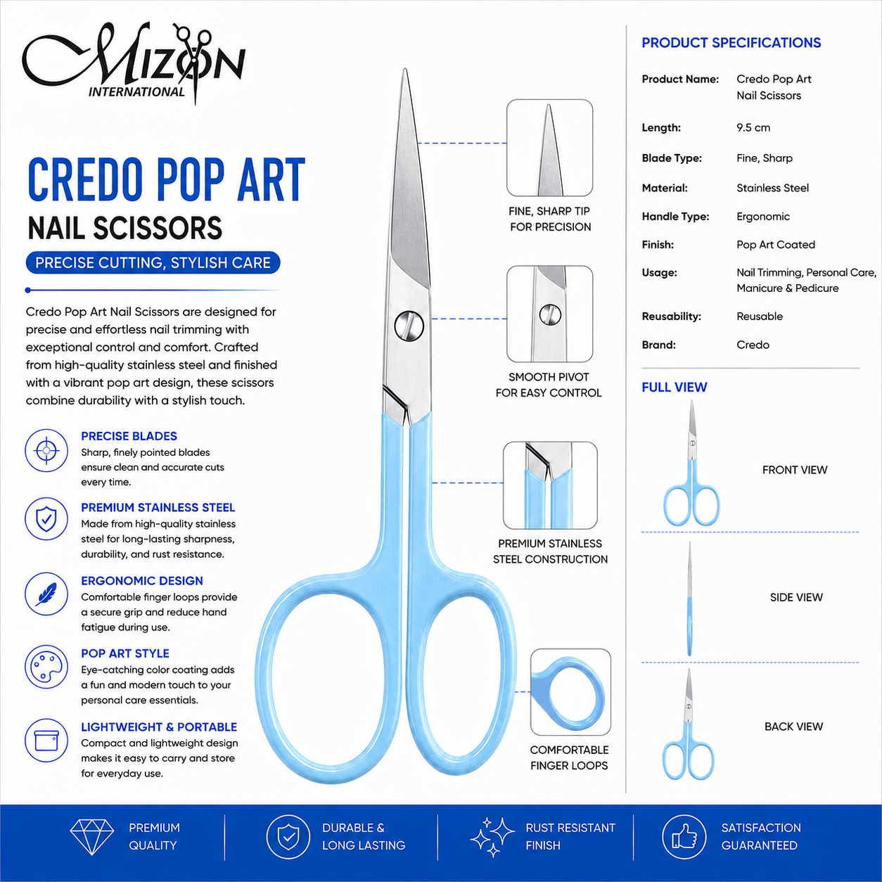 Professional Stainless Steel Nail Scissors 9.5 cm – Precision Manicure & Pedicure Scissors with Ergonomic Pop Art Handle