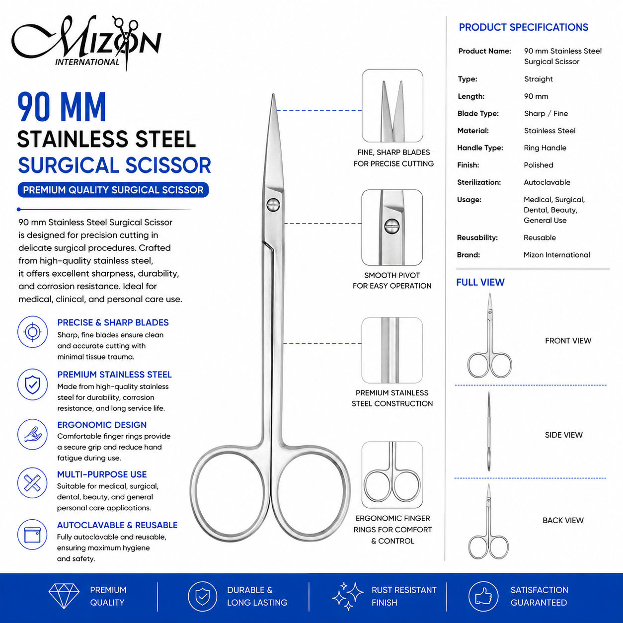 90 mm Stainless Steel Surgical Scissor – Straight Precision Surgical Scissors