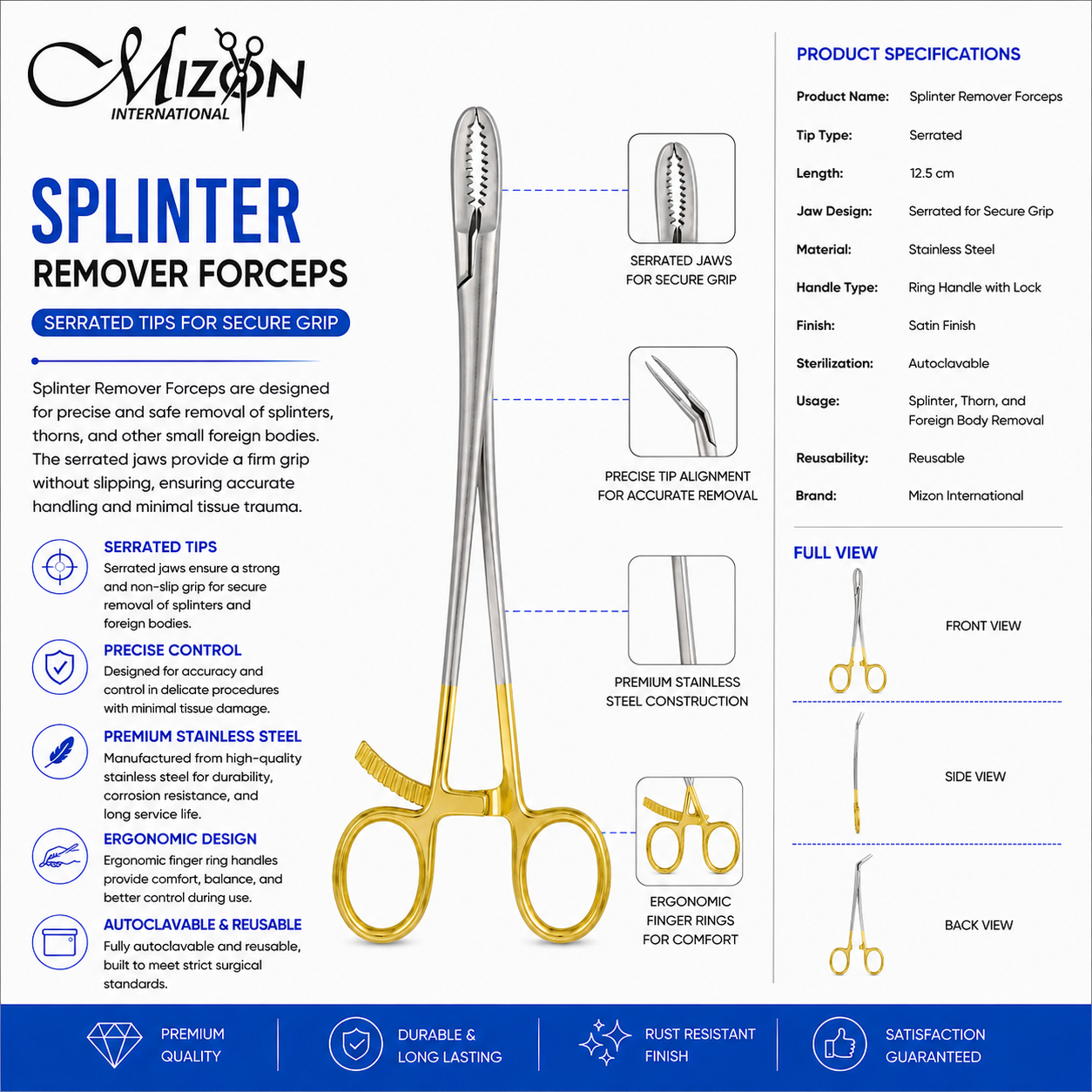 Splinter Remover Forceps with Serrated Jaws | Stainless Steel Surgical Forceps | Mizon International USA