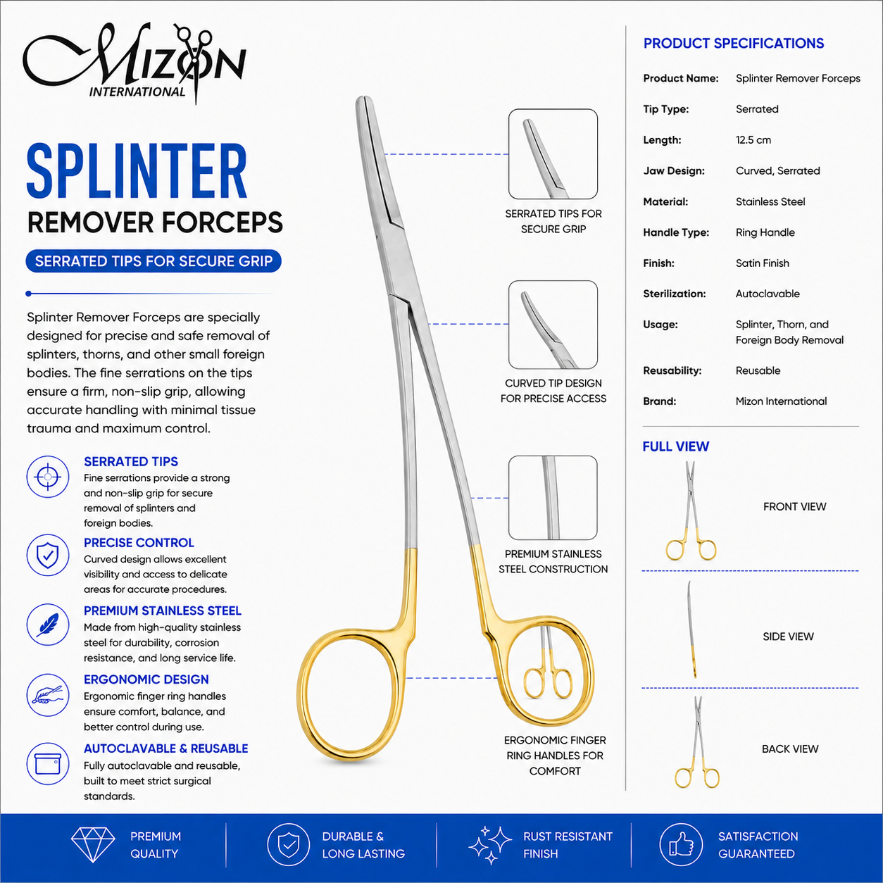 Curved Splinter Remover Forceps Stainless Steel | Serrated Surgical Forceps | Mizon International USA