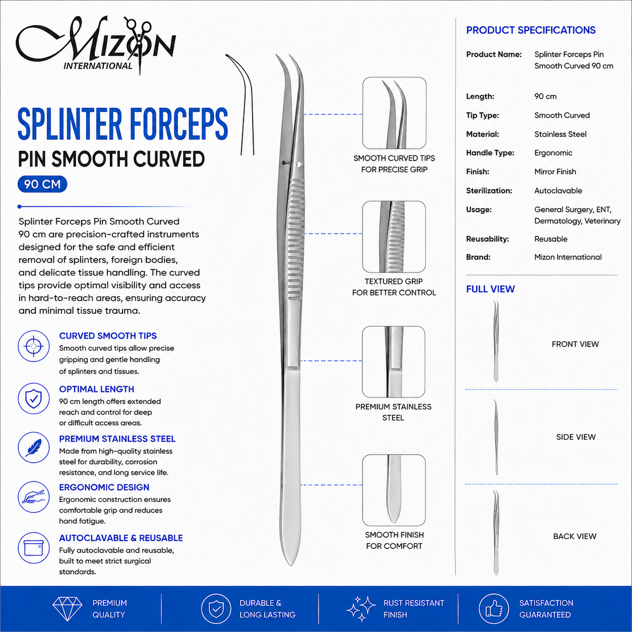 Splinter Forceps Pin Smooth Curved 9 cm | Stainless Steel Surgical Tweezers | Mizon International USA