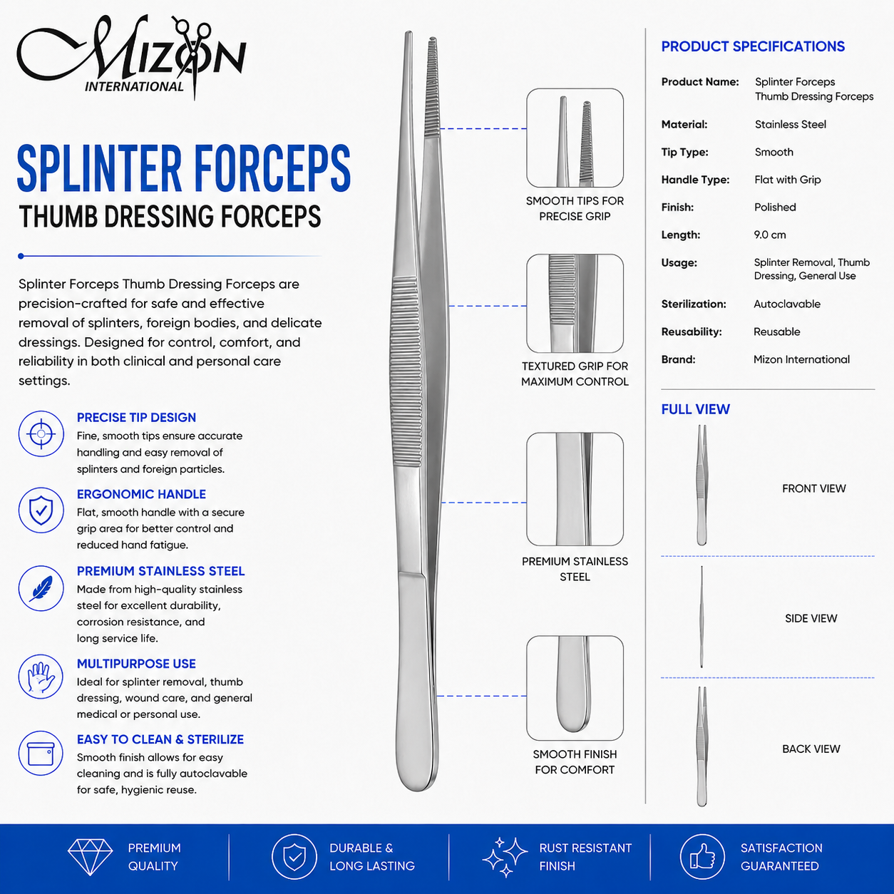 Splinter Forceps Thumb Dressing Forceps 9 cm | Stainless Steel Dressing Tweezers | Mizon International USA