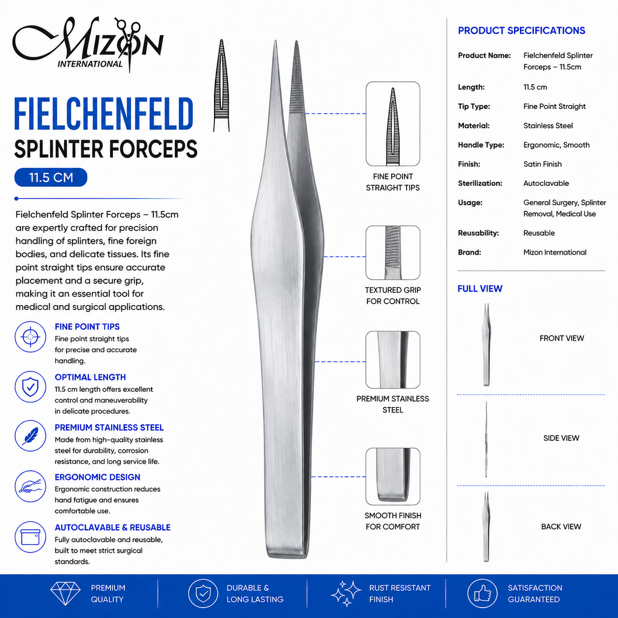 Fielchenfeld Splinter Forceps 11.5 cm | Fine Point Stainless Steel Surgical Forceps | Mizon International USA