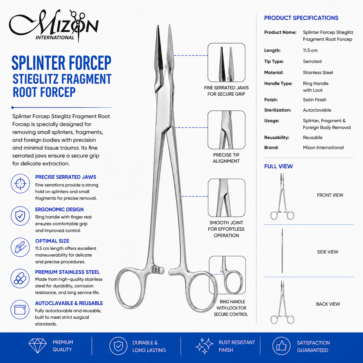 Stieglitz Fragment Root Splinter Forceps 11.5 cm | Stainless Steel Surgical Forceps | Mizon International USA
