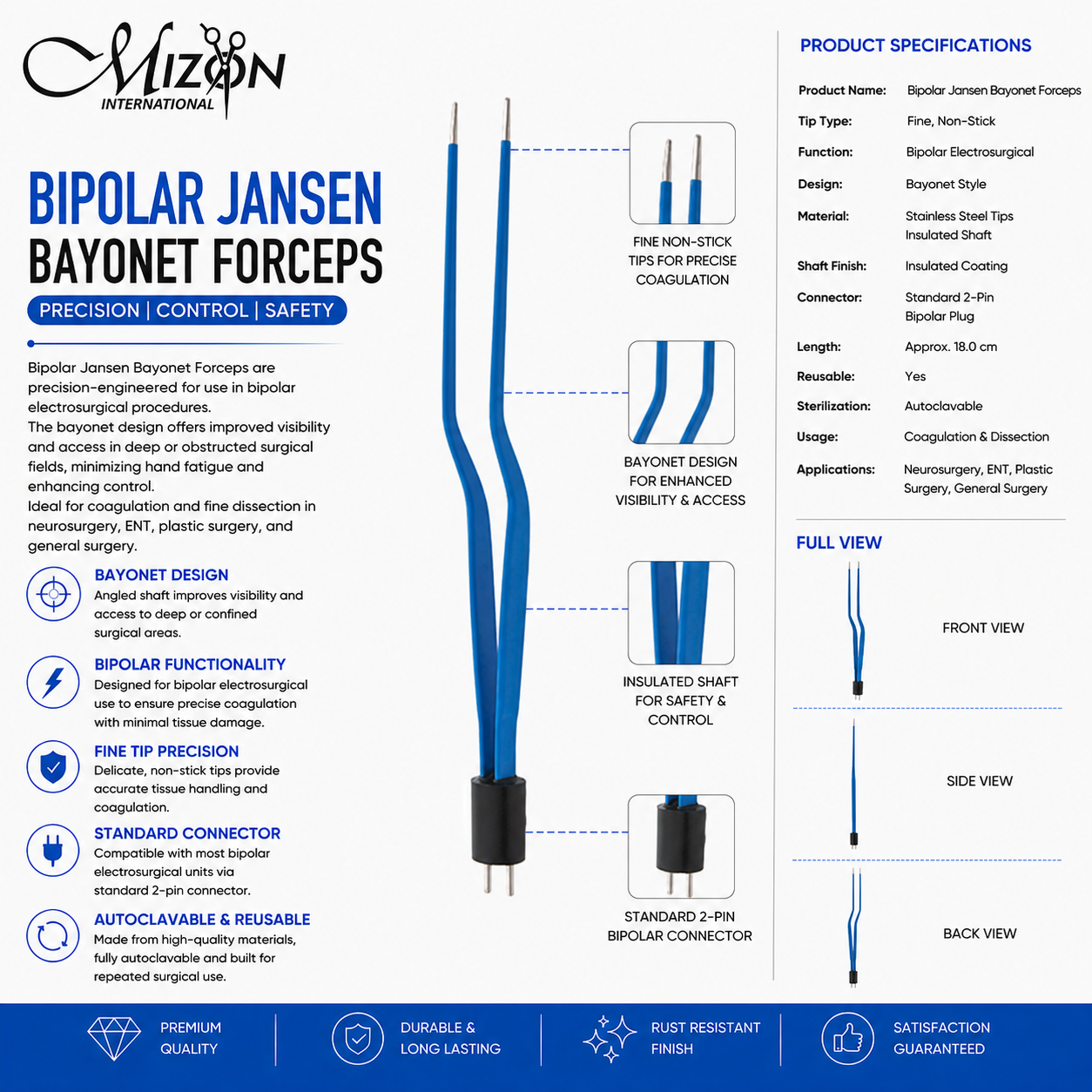 Bipolar Jansen Bayonet Forceps 18 cm | Non-Stick Electrosurgical Bipolar Forceps | Mizon International USA