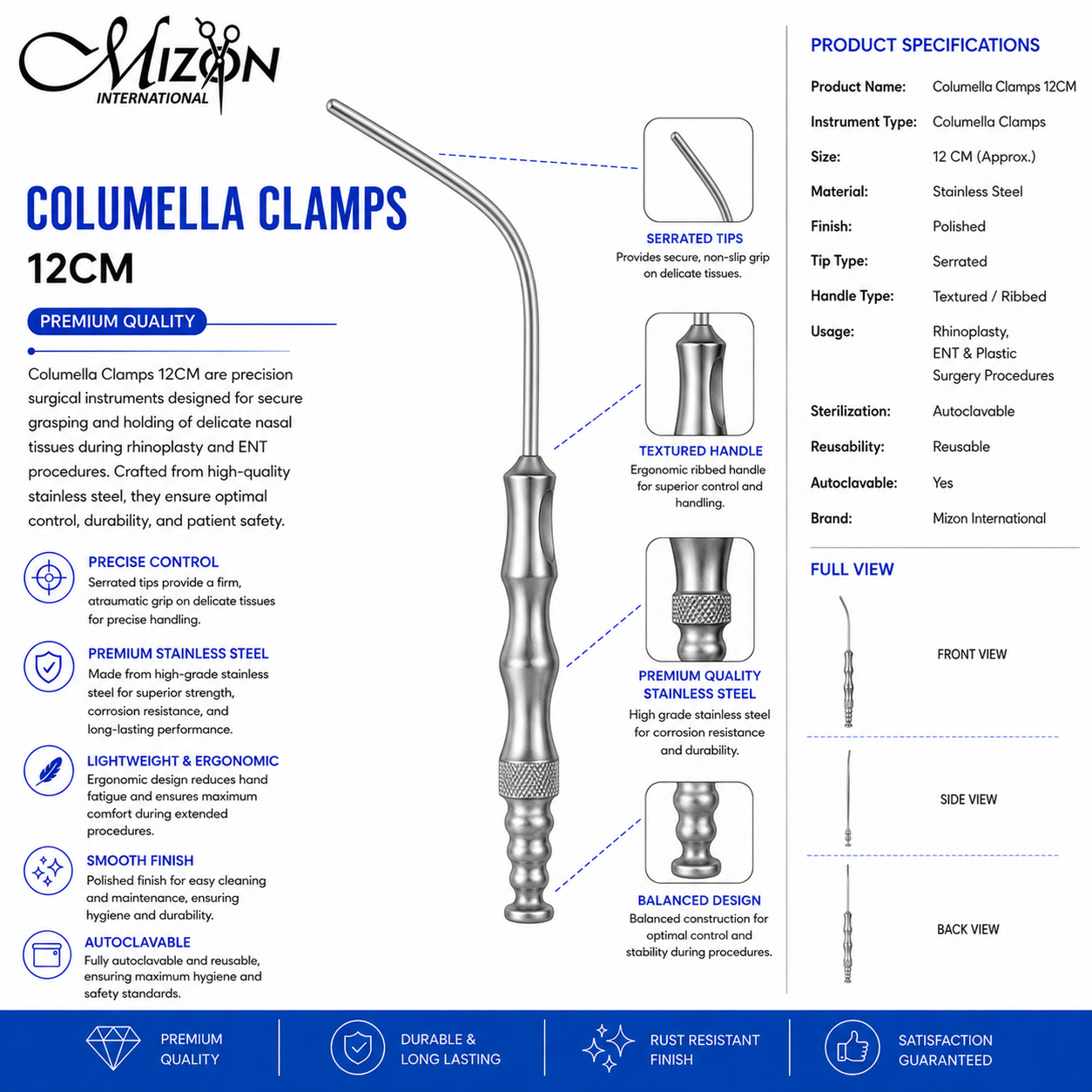 Columella Clamps 12cm Stainless Steel | Rhinoplasty & ENT Surgical Instrument | Mizon International