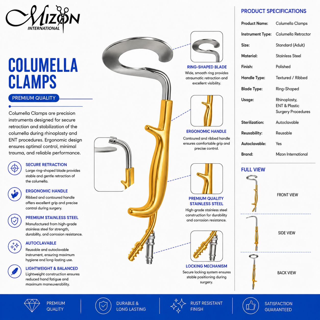 Columella Clamps Ring Blade Retractor | Rhinoplasty & ENT Surgical Instrument | Stainless Steel | Mizon International