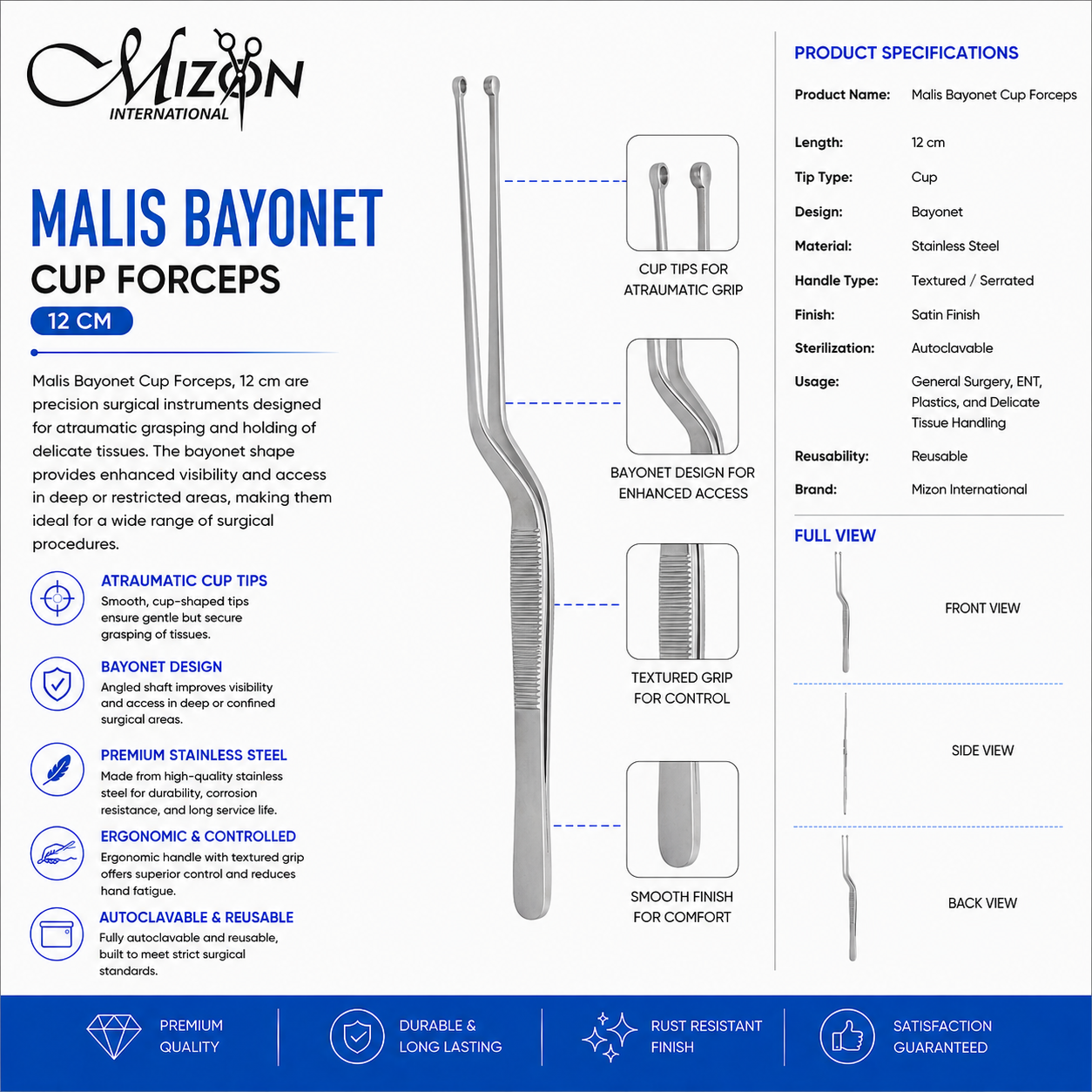 Malis Bayonet Cup Forceps 12 cm | Atraumatic Stainless Steel Bayonet Forceps | Mizon International USA