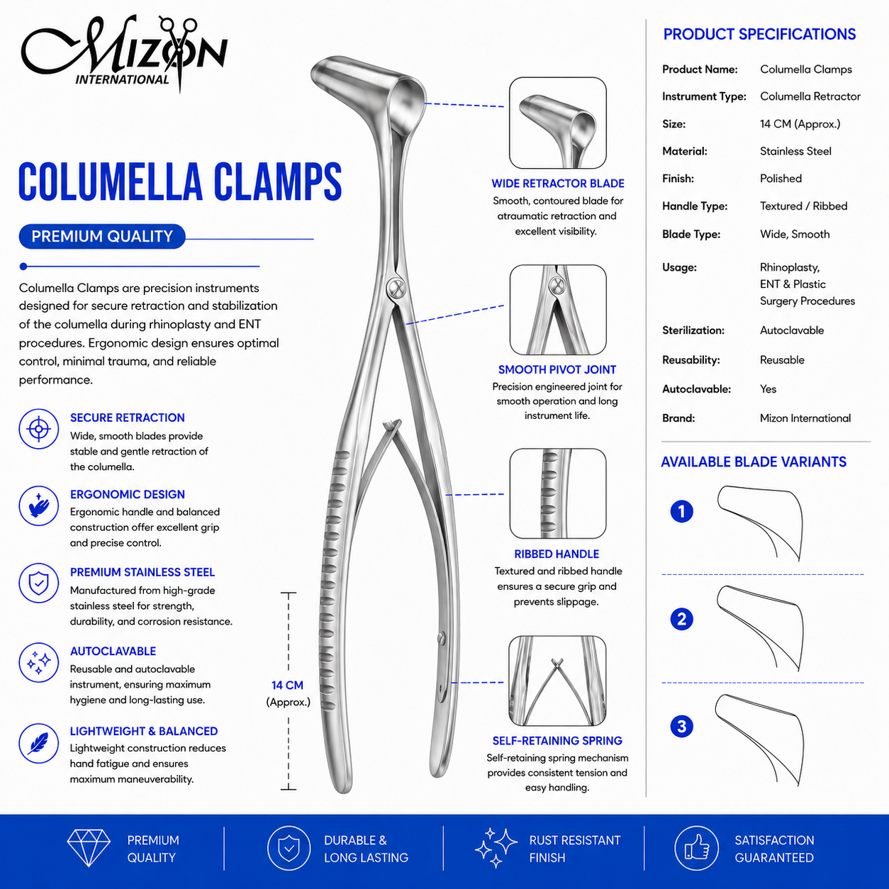 Columella Clamps 14cm Stainless Steel | Rhinoplasty & ENT Surgical Retractor | Mizon International