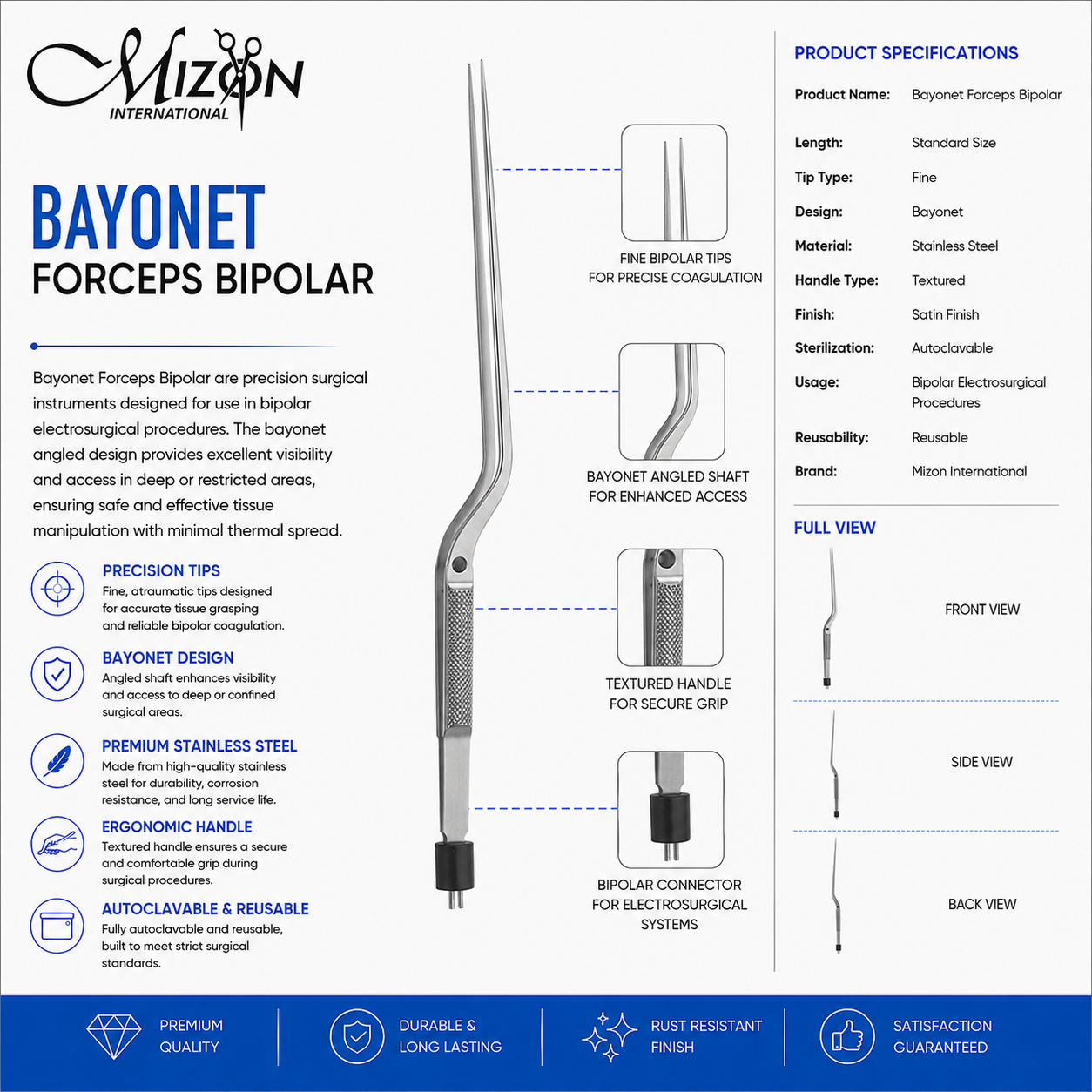 Bayonet Bipolar Forceps | Fine Tip Electrosurgical Bayonet Forceps | Mizon International USA
