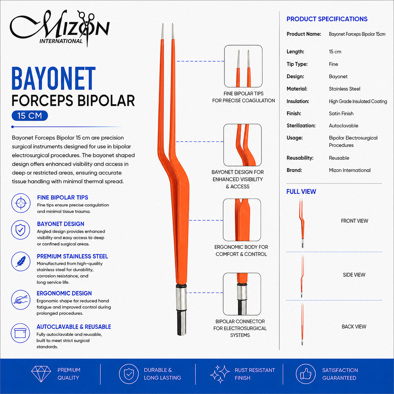Bayonet Bipolar Forceps 15cm Fine Tip Electrosurgical Stainless Steel Instrument by Mizon International for Neurosurgery ENT and Microsurgery