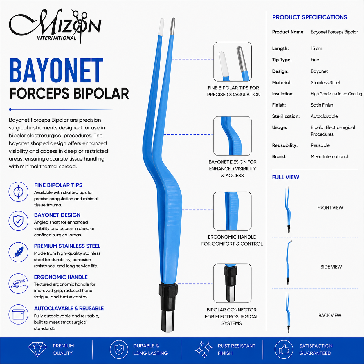 Bayonet Bipolar Forceps 15 cm | Fine Tip Electrosurgical Bipolar Forceps | Mizon International USA