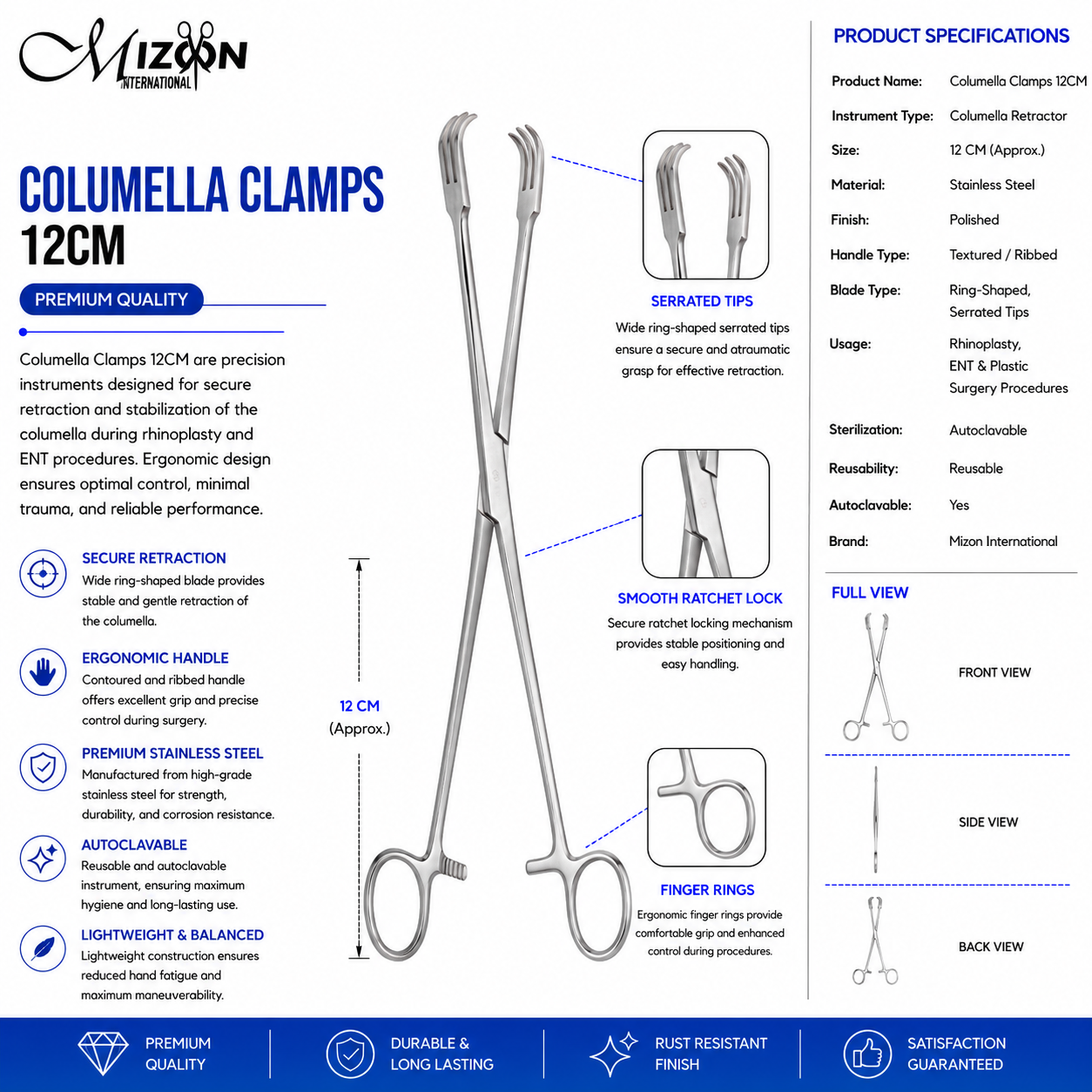 Columella Clamps 12cm | Rhinoplasty & ENT Surgical Instrument | Stainless Steel | Mizon International