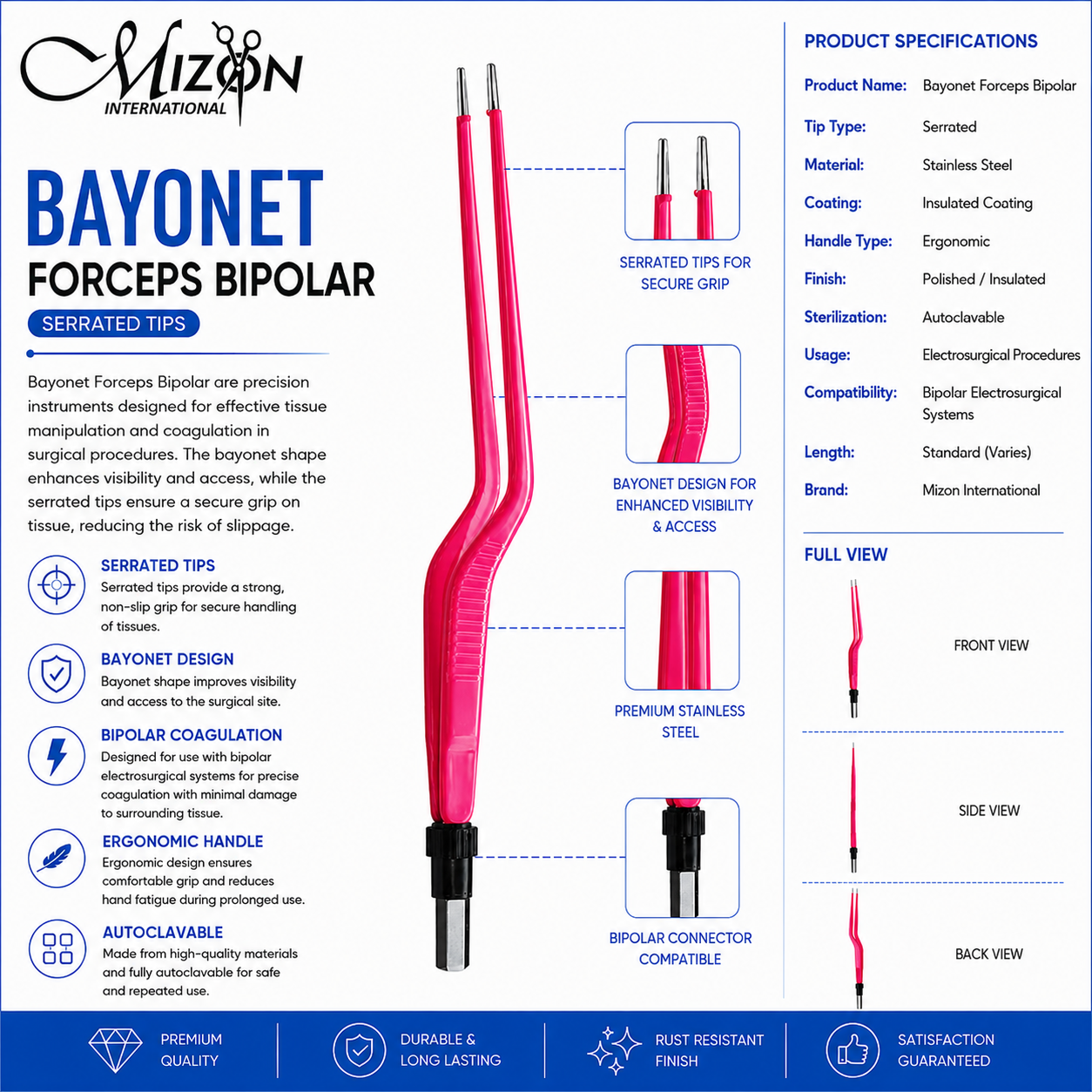 Bayonet Bipolar Forceps Serrated Tips | Insulated Electrosurgical Forceps | Mizon International USA