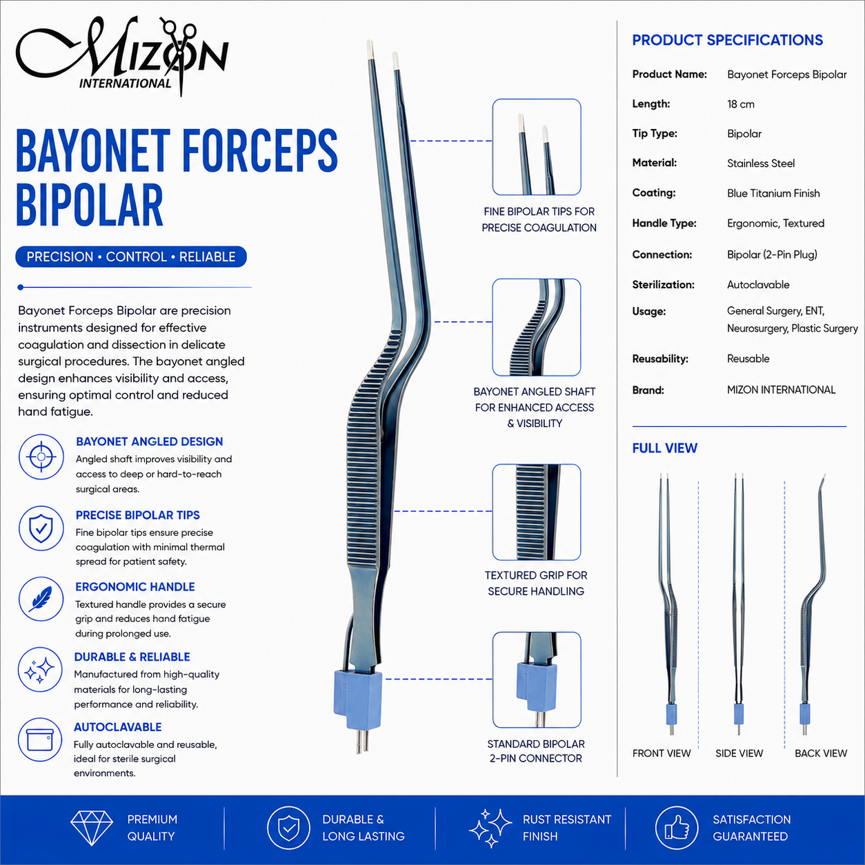 Bayonet Bipolar Forceps 18 cm | Blue Titanium Bipolar Electrosurgical Forceps | Mizon International USA