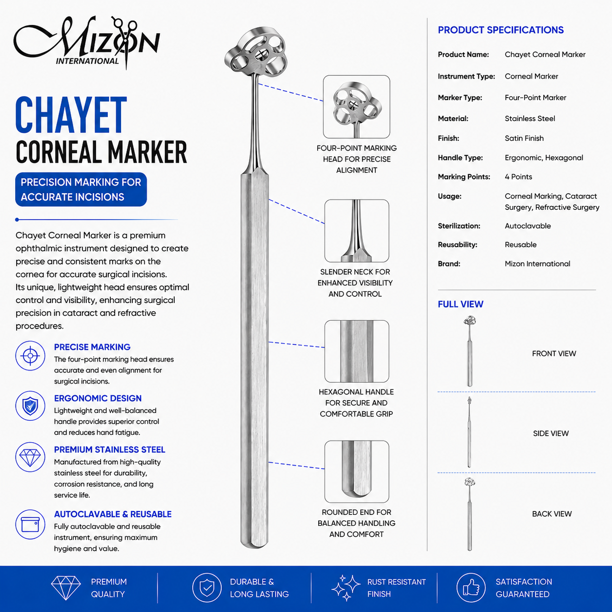 Premium Chayet Corneal Marker Stainless Steel Ophthalmic Instrument with Four-Point Marking Head for Precise Corneal Surgery