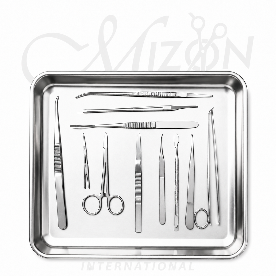 Collection of Surgical Instruments and Medical Tools Stainless Steel Instrument Set with Tray by Mizon International