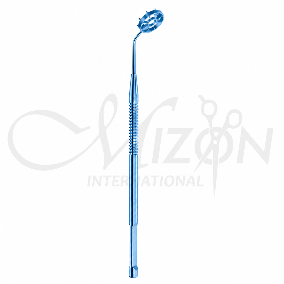 Mizon International blue titanium-coated corneal marker with eight radial marking points and textured ergonomic handle