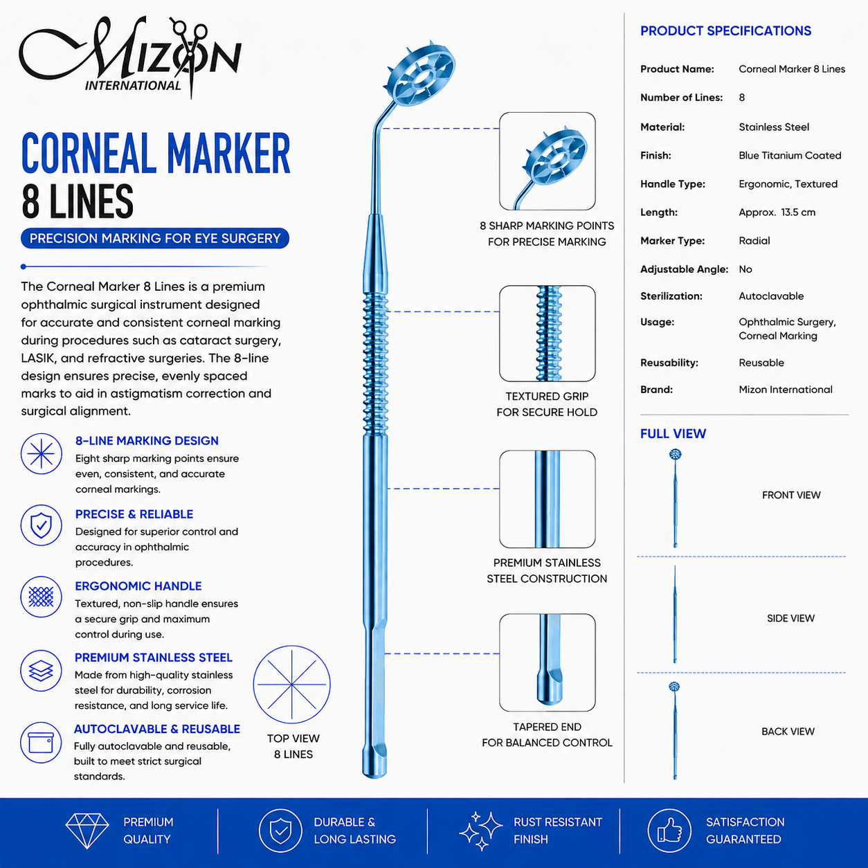 Premium Corneal Marker 8 Lines Blue Titanium Coated Stainless Steel Ophthalmic Instrument for Precise Corneal Marking